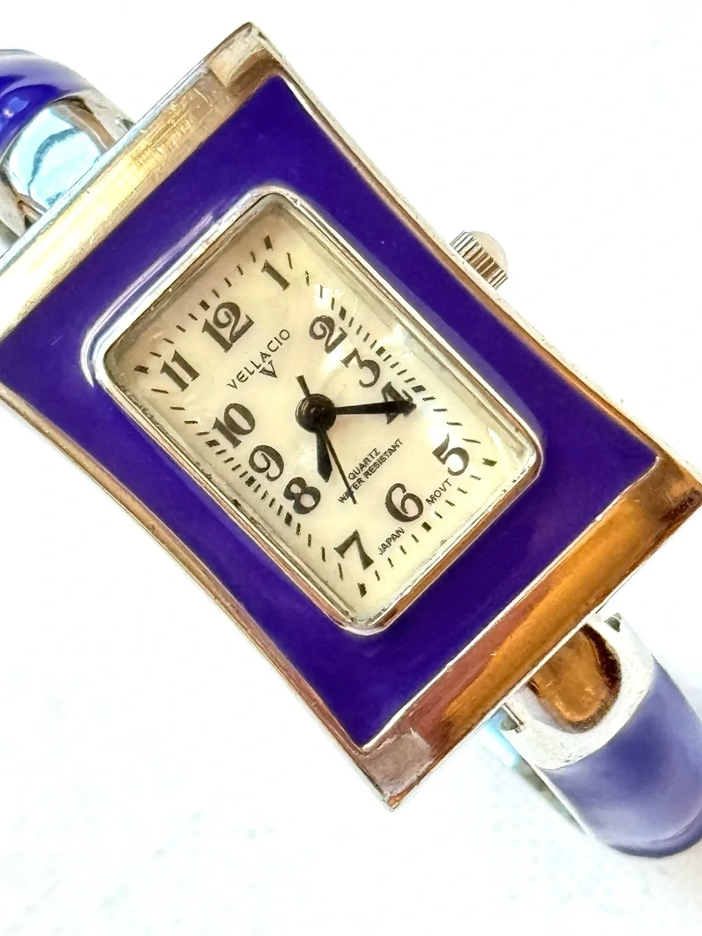 Vintage Vellacio Mother Of Pearl Cuff Watch Women's Bamboo Look Silver Purple